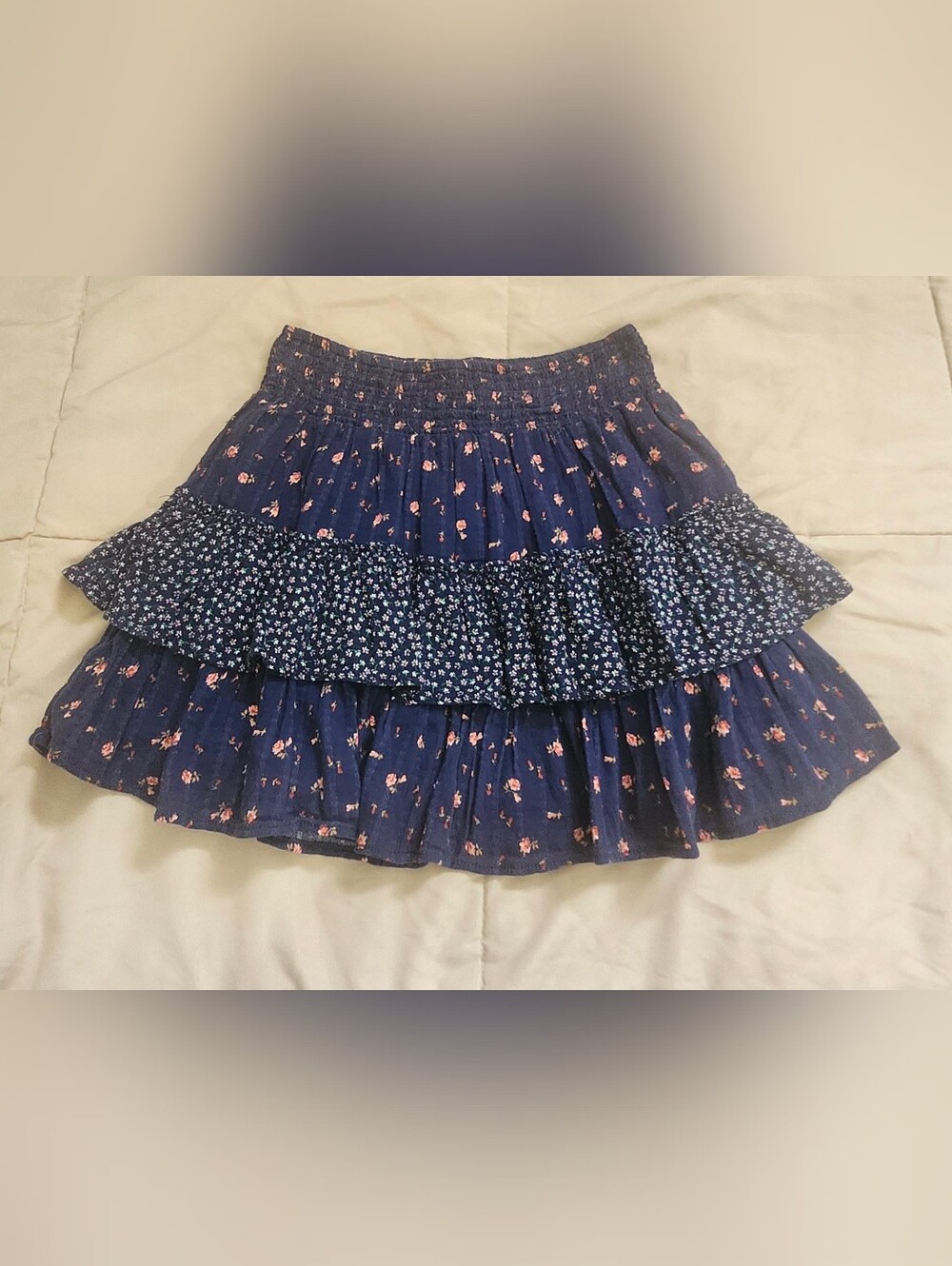 American Eagle Outfitters Navy Floral Tiered Mini Skirt with Pink Accents